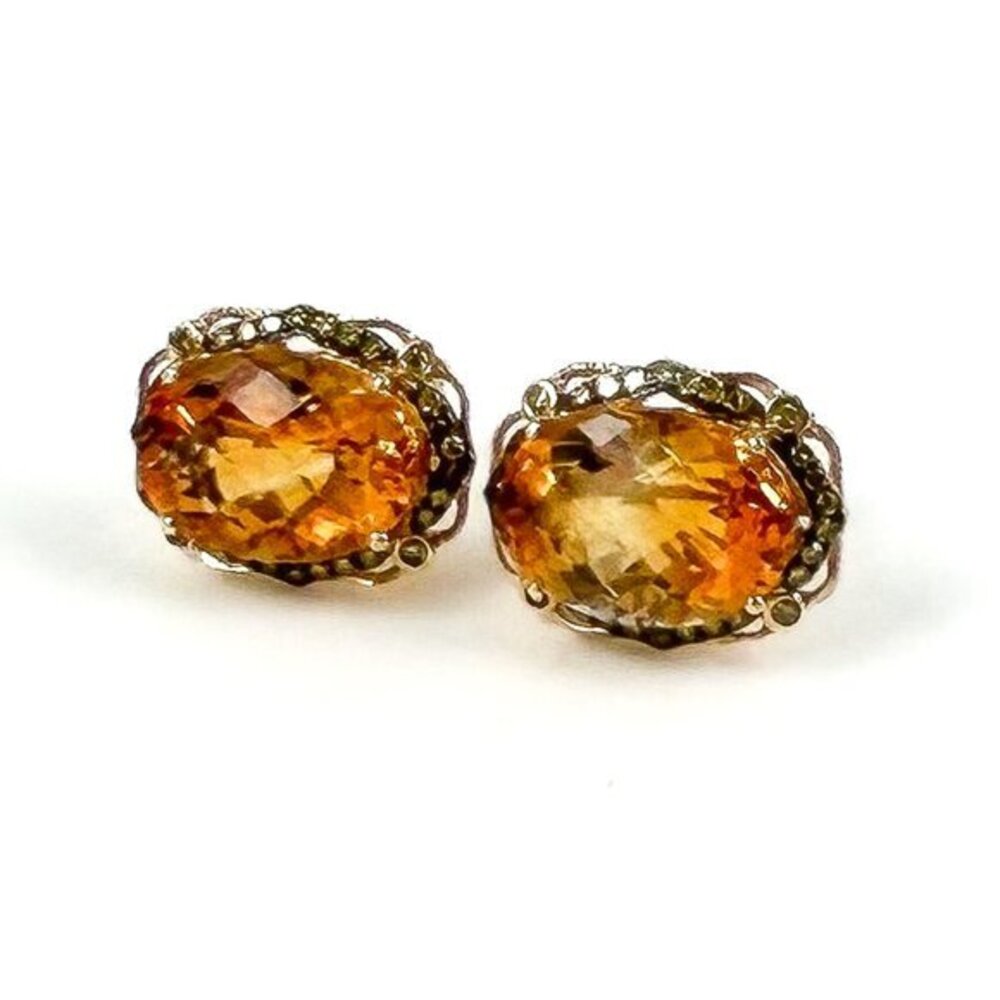 14k Yellow Gold Faceted Oval Citrine w/ Champagne Diamond Halo Post Earrings